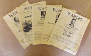 Set Of 5 Gangster Wanted Posters Capone,  Dillinger,  Bonnie,  Clyde,  More