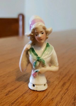 Antique Germany 2.  5” Dutch Girl W/flower Porcelain Pin Cushion Half Doll 5570