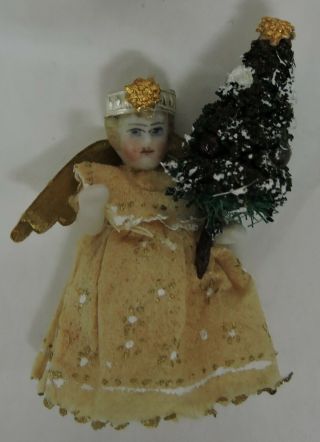 Tiny Antique German? 1 3/4 " Bisque Jointed Angel Doll Holding Christmas Tree