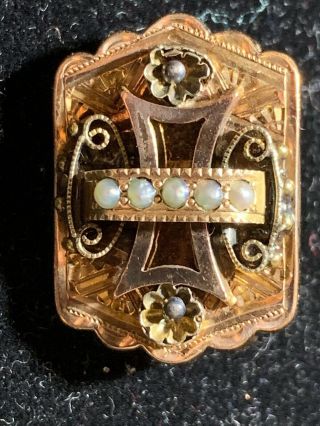 Antique Victorian Seed Pearl Brooch 14k Yellow Gold Plated