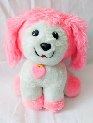 Vintage 1982 Mattel Poochie Dog Pink & White Plush Stuffed Animal 9 "