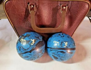 2 Marbled Blue & Black Duck Pin Balls With Carrying Case