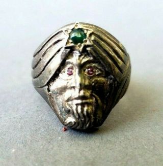 Swami Head Antique Sterling Silver Ring W Emerald & Rubies