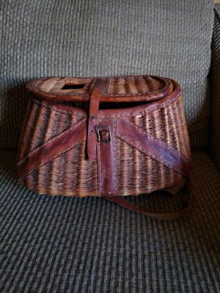 Antique Vintage Wicker & Leather Fishing Creel Basket W/ Strap