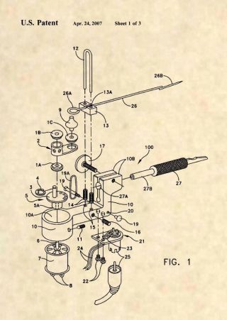 Official Tattoo Machine US Patent Art Print - Tattooist Gun Vintage Antique 505 2