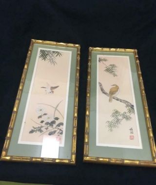 Vintage Chinese Brush Paintings On Silk Signed W/red Seal Prof Framed