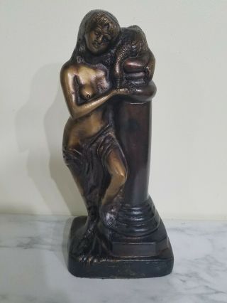 11 " Antique Bronze Statue Woman Feeding Duck From Her Hand.