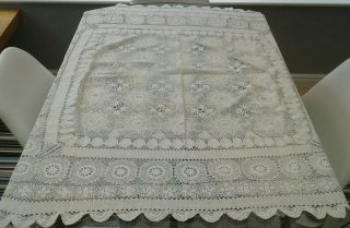 Vintage White Hand Crocheted Cotton Lace Tablecloth 41 " X 40 "