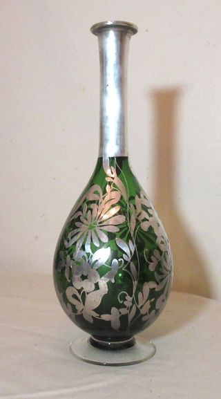 Antique Hand Blown Green Art Glass Sterling Silver Overplay Floral Bud Vase