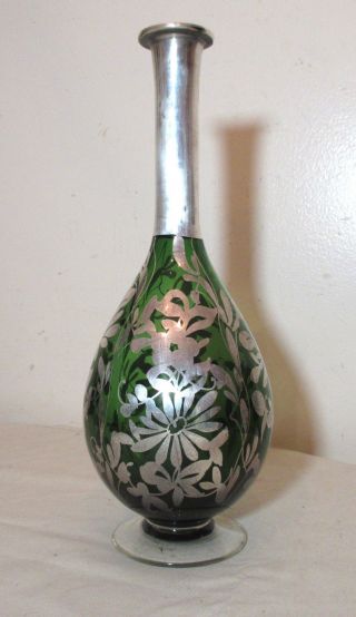 antique hand blown green art glass sterling silver overplay floral bud vase 2