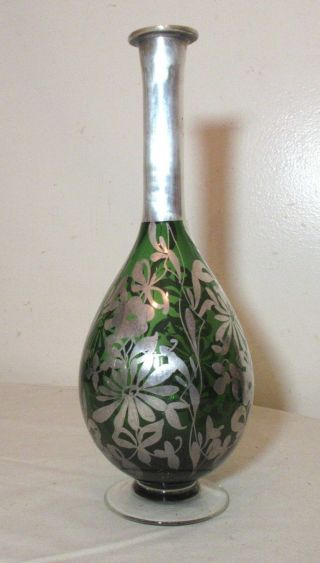 antique hand blown green art glass sterling silver overplay floral bud vase 3