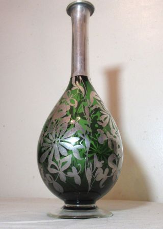 antique hand blown green art glass sterling silver overplay floral bud vase 4