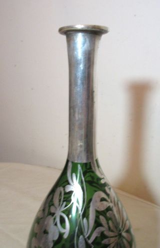 antique hand blown green art glass sterling silver overplay floral bud vase 5