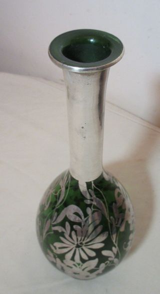 antique hand blown green art glass sterling silver overplay floral bud vase 6