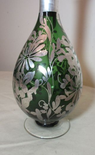 antique hand blown green art glass sterling silver overplay floral bud vase 7
