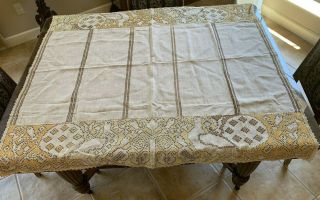 Exquisite Vintage Art Deco Hand Embroidered Irish Linen Tablecloth Golds