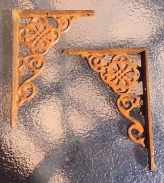 Rusty Cast Iron Ornate Wall Shelf Brackets - Pairs Available