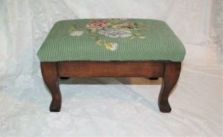 Vintage Victorian Footstool Green Needlepoint Floral Top