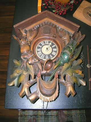 Antique Vintage Germany Black Forrest Cuckoo Clock Rabbit Bird Musket Carved Woo