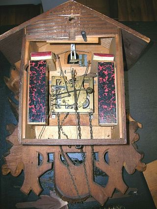 Antique Vintage Germany Black Forrest Cuckoo Clock Rabbit Bird Musket Carved Woo 4