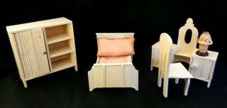 White Painted Wooden Doll House Bedroom Set (bed Marked Germany)