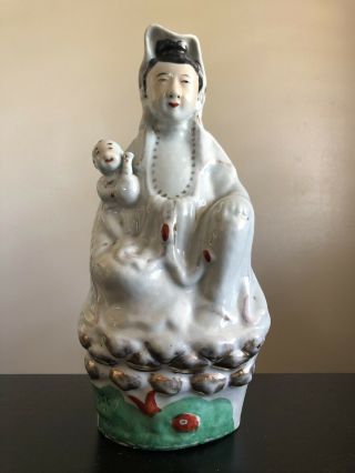 Fine Antique 19th / 20th C Chinese Famille Porcelain Kwan Quan Yin Art Statue