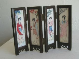 Fine Old Chinese Hand Painted Porcelain Folding Table Screen Landscape & Women