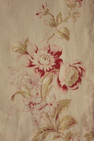 Fabric Antique French Faded Floral Red Roses Pale Ground Cotton C1900 Textile