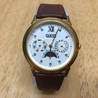Vintage GUESS Mens Gold Tone Moon Phase Quartz Watch Hours Day Date Battery 2