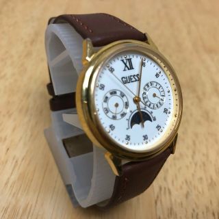 Vintage GUESS Mens Gold Tone Moon Phase Quartz Watch Hours Day Date Battery 3
