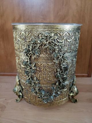 Vintage Ornate Gold Metal Trash Can Wastebasket Holder Covering Rose 10.  5 "