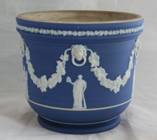 Antique 19th Century Wedgwood Dark Blue White Jasperware Planter Cache Pot