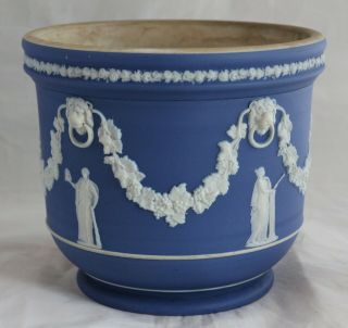 Antique 19th Century WEDGWOOD Dark Blue White Jasperware Planter Cache Pot 2