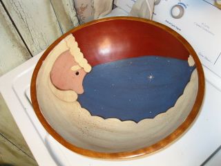 Antique Primitive 15 1/2 " Wood Dough Bowl W/ Hand Painted Christmas Santa Cluas