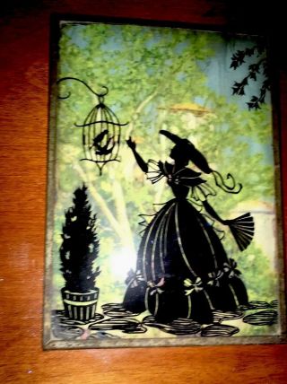 Vintage Silhouette Reverse Painting On Glass Convex: Woman W Birdcage