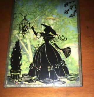 Vintage Silhouette Reverse Painting On Glass Convex: Woman w Birdcage 2