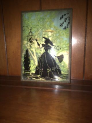 Vintage Silhouette Reverse Painting On Glass Convex: Woman w Birdcage 3