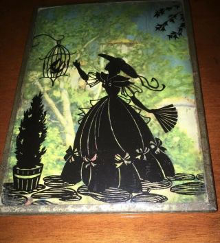 Vintage Silhouette Reverse Painting On Glass Convex: Woman w Birdcage 4
