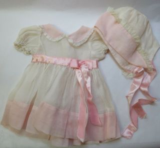 Vintage 1940s - 1950s Organdy Pink & White Doll Dress & Bonnet For 18 " Doll -