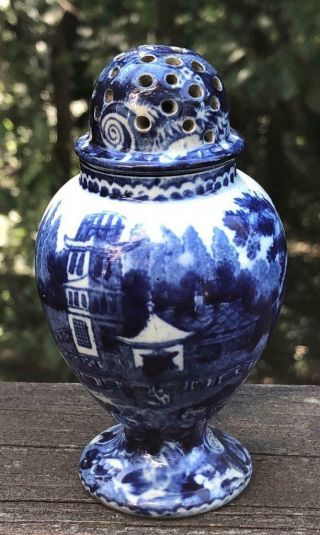 Antique Staffordshire Dark Blue Pagoda Transfer Pepper Pot Or Shaker,  C.  1800