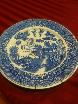 Antique Blue Willow 9 1/2 " Dinner Plate W/ Hanger,  Japan Old Blue White Pl