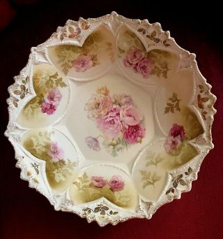 Antique Rs Prussia Mold 94 Bowl 9 - 1/4 " D Dome Sections W/ Pink Poppies Red Mark