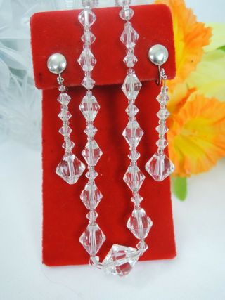 Art Deco Bicone Cut Crystal Antique Chain Necklace & Long Flapper Drop Earrings