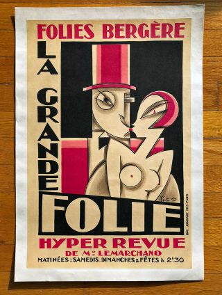 C1927 Antique Authentic French Poster Folies Bergere Fico On Linen