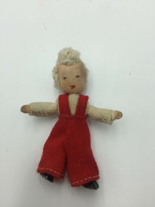 Vtg German Erna Meyer Dollhouse Doll Child Curly Blonde Hair Red Overalls