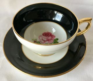 Pretty Royal Windsor Black Pink Cabbage Rose Bone China Cup & Saucer Set