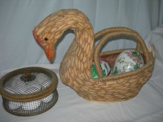 French Country Swan/duck/goose Shaped Basket Wood Feathers Vintage Primitive