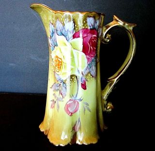 ANTIQUE NIPPON GOLD ENCRUSTED HAND PAINTED ROSES PORCELAIN PITCHER /EWER 2