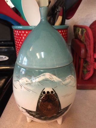 Sasha B.  Antique Vintage Tear Drop Jar With Lid Alaskan Wolrus Signed