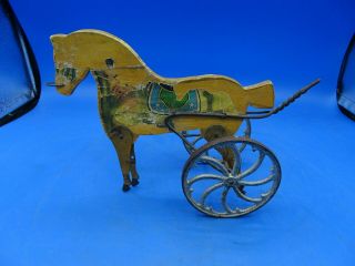 Old Antique Wooden Horse Pull Toy W/ Cast Wheels & Swinging Tin Legs